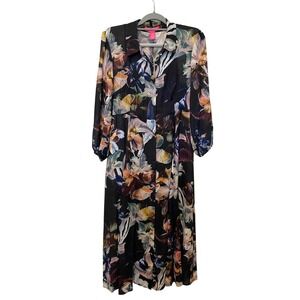 NWT Catherine Malandrino Floral Midi Shirt Dress Large Dark Botanical Print